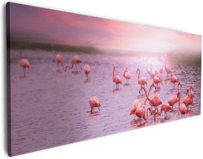 Produktbild von Wallario Premium Leinwandbild Rosa Flamingos bei Sonnenuntergang in Größe 80 x 200 cm