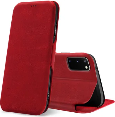 A red flip case for a smartphone is shown from two angles against a white background.