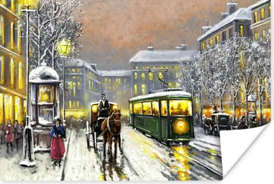 Produktbild von MuchoWow® Poster Gemälde - Ölgemälde - Winter - Straßenbahn - Pferd 120x80 cm - Bilder