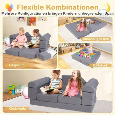 Produktbild von Modulares Kindersofa 9-teiliges Spielsofa aus Schaumstoff Bausteine mit bequemem Wildlederstoff Grau