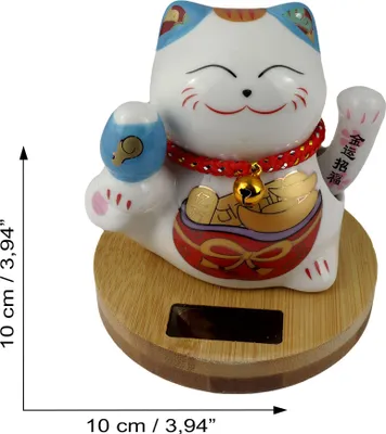 Produktbild von Glückskatze Keramik 10cm weiß Modell 08 Bambussockel Solar Maneki-neko Winkekatze Lucky cat