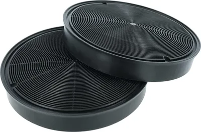Two black circular carbon filters are stacked on a white background.