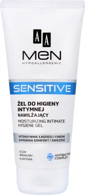 A white tube of AA Men Sensitive Moisturizing Intimate Hygiene Gel.