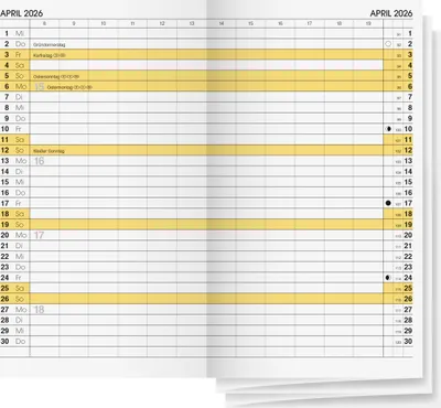 An open planner showing the month of April 2026 with grid lines and dates.