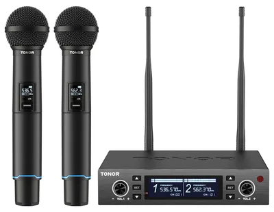 Image de Ensemble de microphones sans fil UHF - 100 fréquences - Rechargeable - Noir - Microphone pour karaoké