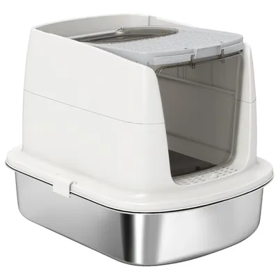A white and silver enclosed cat litter box with a gray top and a clear plastic door.