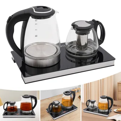A collage of images showing a glass electric kettle and teapot set on a heating base, with some images showing the set in use with tea.