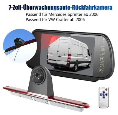 Produktbild von Rückfahrkamera mit Bremsleuchte 7 Zoll Monitor für Mercedes Sprinter W906 W907 W910 und VW Crafter mit Nachtfunktion Distanzlinien Einparkhilfe wasserdicht