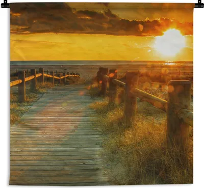 Produktbild von MuchoWow® Wandteppich Wandbehang Sonne - Strand - Düne - Horizont - Gras - Weg - Orange 90x90 cm Tapisserie Dekoration Wandtuch - Wandaufhänger