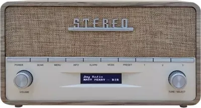 A front view of a retro-style digital radio.