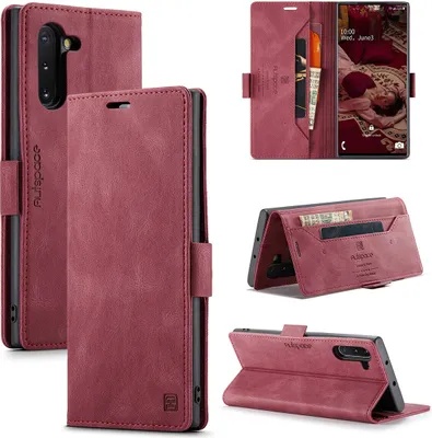 Produktbild von Galaxy Note 10 Brieftasche Hülle, Retro Kunstledertasche Stand Schutzhülle für Samsung Galaxy Note 10 Rot