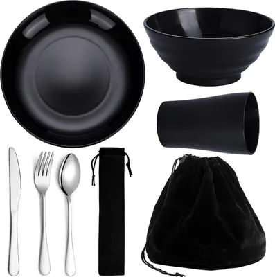 Produktbild von Kyraton Camping Besteck Set mit Teller, Schalen, Becher & Edelstahlbesteck