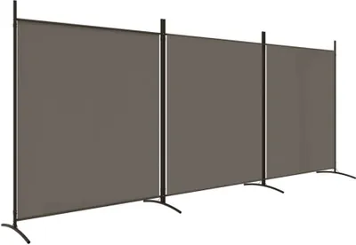 A three-panel room divider or screen with a gray fabric surface and black metal frames and stands.