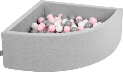 Zdjęcie produktu dla KiddyMoon suchy basen trójkątny z piłeczkami 7cm jasnoszary: biały-szary-pudrowy róż 90x30cm/200piłek zabawka basen piankowy