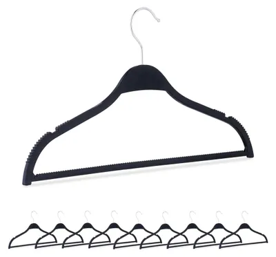 Image de Cintres Relaxdays, lot de 10, paille de blé, plastique, durables, cintres étroits, barre pour pantalons, rainures, noir