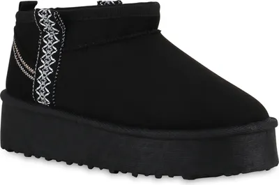 A black winter boot with a decorative trim on a white background.