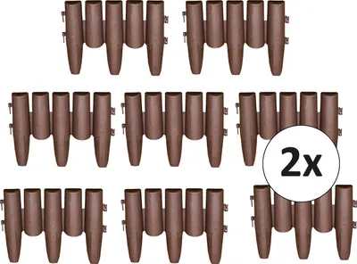 Multiple rows of brown garden edging pieces arranged on a white background.