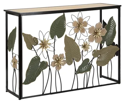 Immagine prodotto di Console Spring 108x36,8x80 cm in metallo nero con decori floreali e piano in legno marrone - Stile Boho Chic artistico