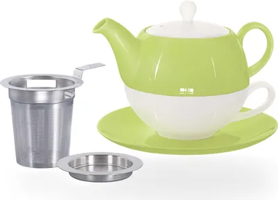 Produktbild von Buchensee Tea for one Set / Teeset Lena, Teekanne 500ml mit Sieb, Teetasse, Untertasse und Abtropfschale, grün, Crystal Bone China Porzellan