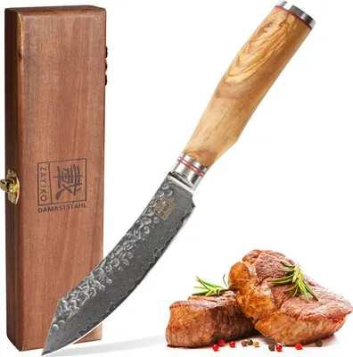 Produktbild von Zayiko Minami Damast Steakmesser I 12 cm Klinge I Olivenholzgriff I Holzbox