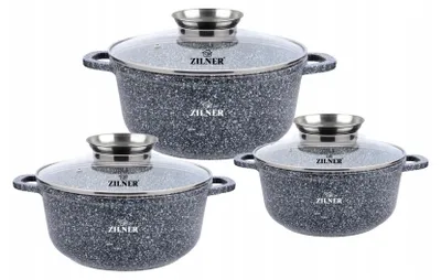 A set of three granite-effect pots with glass lids, displayed on a white background.