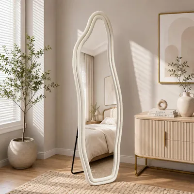 Immagine prodotto di Specchio a figura intera INONEFT, 140x45 cm, specchio da parete irregolare, da appendere o appoggiare, con cornice in velluto, ideale per camera da letto o corridoio, colore bianco, Immagine generata dall'IA