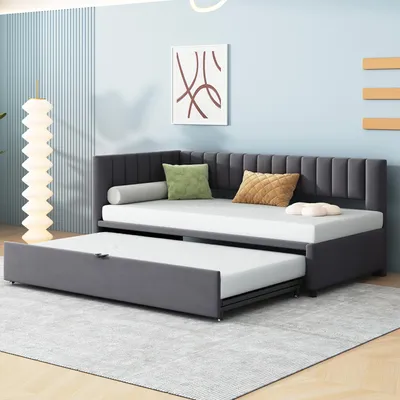 Obrázek produktu pro Multifunkční rozkládací pohovka ve tvaru L s vysouvací postelí 90/180 x 200 cm, čalouněná postel ze sametu, šedá