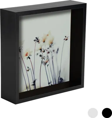 A black shadow box picture frame with a floral print inside, shown against a white background.