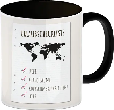Produktbild von Kaffeebecher Schwarz Urlaubscheckliste für Partyurlaub mit Weltkarte