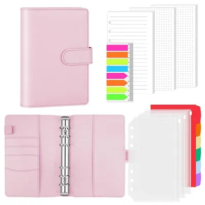 Image de Carnet A6 en simili-cuir, rechargeable, avec 135 feuilles, pochettes de rangement, intercalaires, agenda-organisateur, couleur rose