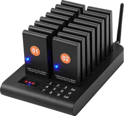 Image de Système de téléavertisseur pour restaurant VEVOR, signal de file d'attente sans fil avec une portée de 500 m, bip pour répondre aux appels des clients avec vibration et clignotement, 16 téléavertisseurs pour camion-restaurant, église