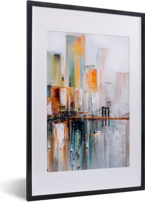 Produktbild von MuchoWow® Gerahmtes Poster Ölgemälde - Skyline - Abstrakt 40x60 cm - Poster mit Schwarzem Bilderrahmen Wandposter Rahmen Foto Bilder - Poster in Rahmen