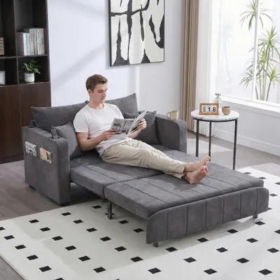 Image de LVHOM Canapé-lit avec dossier inclinable 3 positions&USB, lit gigogne, 2 places avec porte-gobelet gain de place 139x73x83cm, Gris