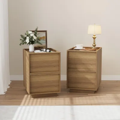 Image de Table de chevet moderne en chêne de style Mid-Century, table d'appoint avec tiroirs sans poignées pour la chambre à coucher et le salon, 38 x 48 x 50 cm, lot de 2