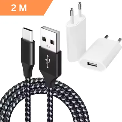 A USB-C to USB-A cable and two white USB wall chargers are displayed against a white background.