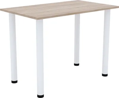 A simple table with a wooden top and white legs, isolated on a white background.