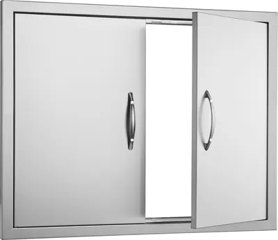 A stainless steel double BBQ access door, with one door slightly ajar.