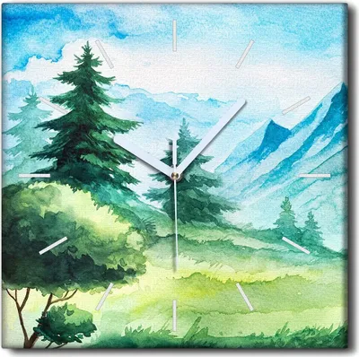 Produktbild von Coloray Uhr auf Leinwand 30x30 cm Wand Uhr Dekoration Wohnzimmer Segeltuch weiße Zeiger -Waldbäume Berge.
