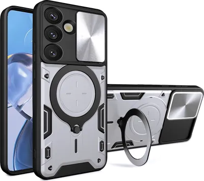 Produktbild von Handyhülle für Samsung Galaxy S25 Dual-Layer Stoßfest Rüstung Hülle mit Dia Kameraschutz und Kreisförmig Ring Ständer Silber