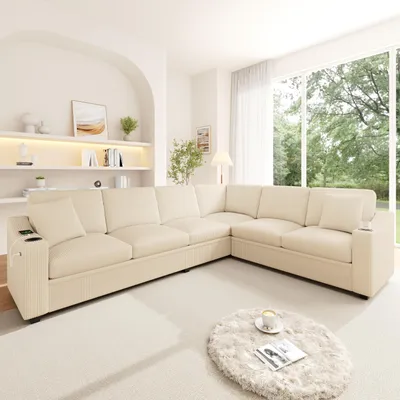 Image de Canapé d'angle en forme de L Merax, modèle modulable pour 6 personnes, avec port USB Type-C, 2 porte-gobelets, 2 coussins, revêtement en tissu, idéal pour un grand salon, couleur beige