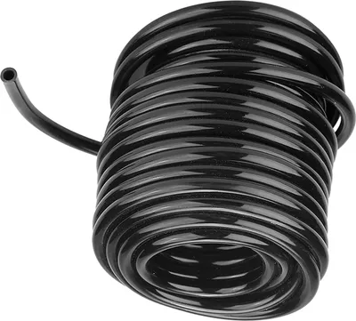 A coiled black hose on a white background.