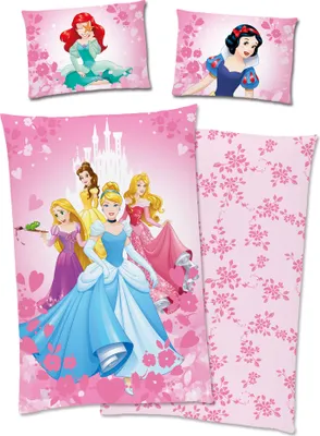 A collage of Disney Princess bedding items, including pillowcases and a duvet cover, featuring various princesses.