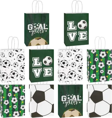 Imagen del producto de Bolsas de papel con motivos de fútbol, paquete de 10 unidades, medidas 21x15x8 cm, ideales para fiestas de cumpleaños infantiles