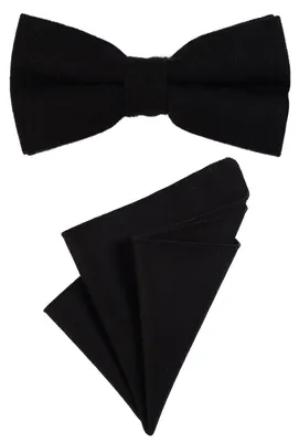 Produktbild von DonDon Herren Fliege 12 x 6 cm gebunden längenverstellbar und Einstecktuch 23 x 23 cm farblich passend aus Baumwolle schwarz