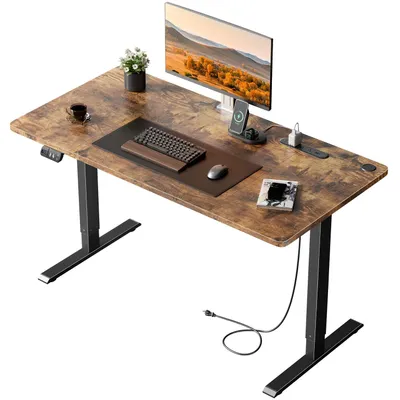 Zdjęcie produktu dla Stół elektryczny – regulowany stół do pracy stojącej i siedzącej, 140 cm – gniazdka i porty USB – panel sterowania z pamięcią – system zarządzania kablami – metalowa konstrukcja – kolor brązowy