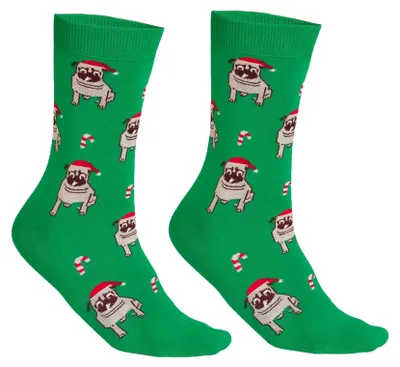 Produktbild von Weihnachtssocken Damen u. Herren mit Mops-Motiv 2er Pack, Farbe:Grün, Größe Socken:36-41