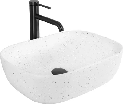 A white speckled basin with a black faucet.