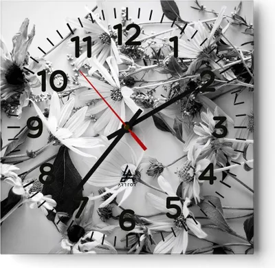 Produktbild von Wanduhr - Quadrat - Glasuhr - Blumen Schwarzweiß Fotografie - 40x40cm - Schleichendes Uhrwerk - Lautlos - zum Aufhängen bereit - Dekoration Modern - Wanddekoration aus Glas - C4AC40x40-4740
