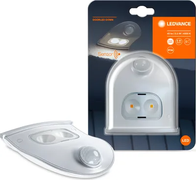A product package for a LEDVANCE door LED downlight with a sensor, shown with the product itself in the foreground and the packaging in the background.