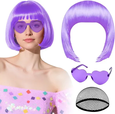 Produktbild von Perücke Bob helllila, Haarnetz, Sonnenbrille herzförmig, synthetisch, für Partys